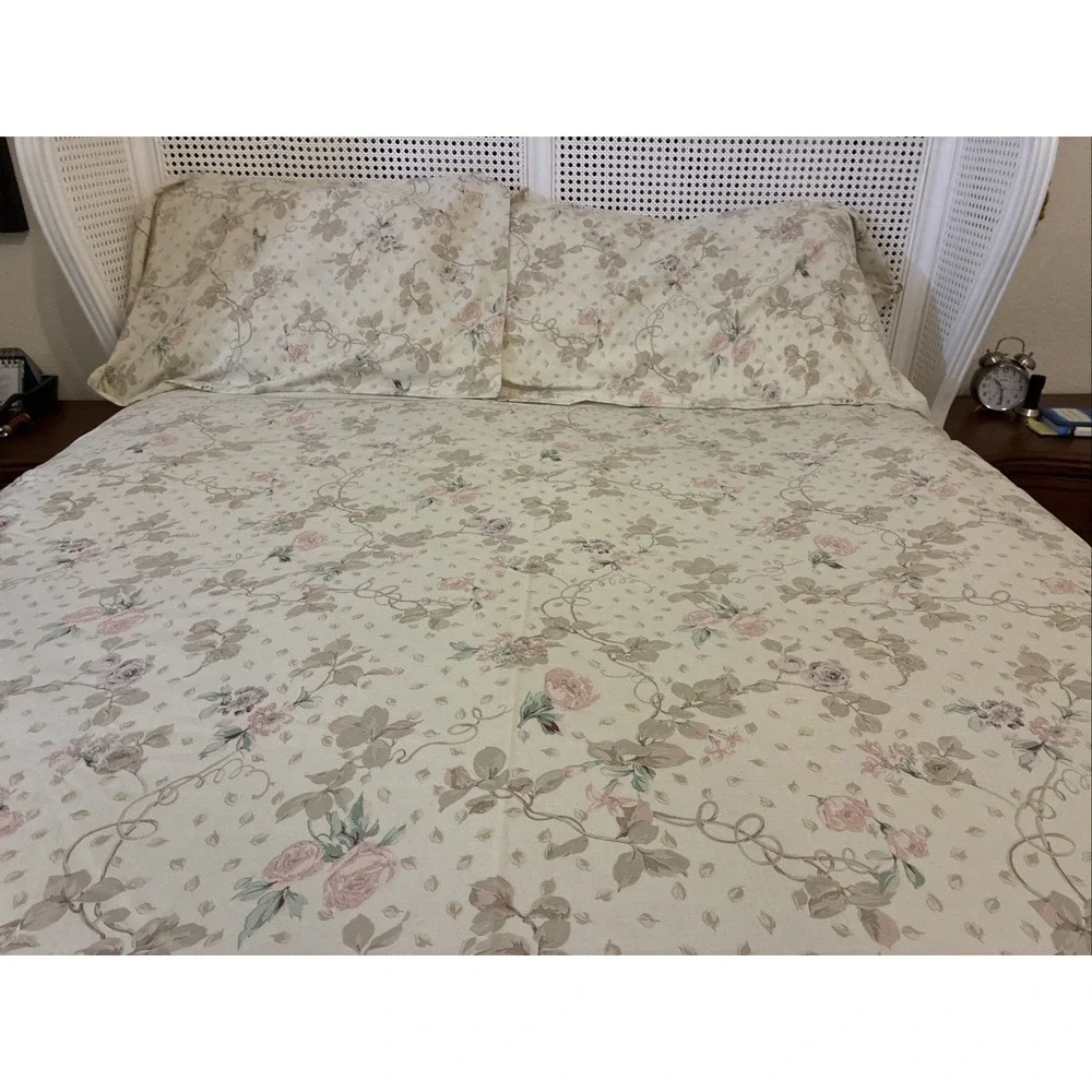 Vintage Cannon No Iron King Sheet Set 4 Piece Floral Flat Fitted 2 Pillowcases